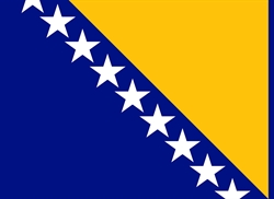 [ai] The national flag of Bosnia and Herzegovina, featuring a blue background, a diagonal yellow triangle, and a row of white stars along the hypotenuse of the triangle.